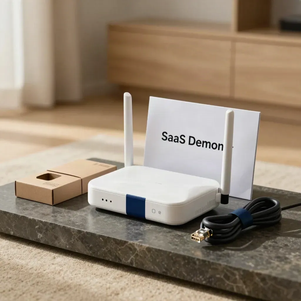 Launch-bereites SaaS-Demo-Kit auf dunklem Sockel im warmen Fensterlicht