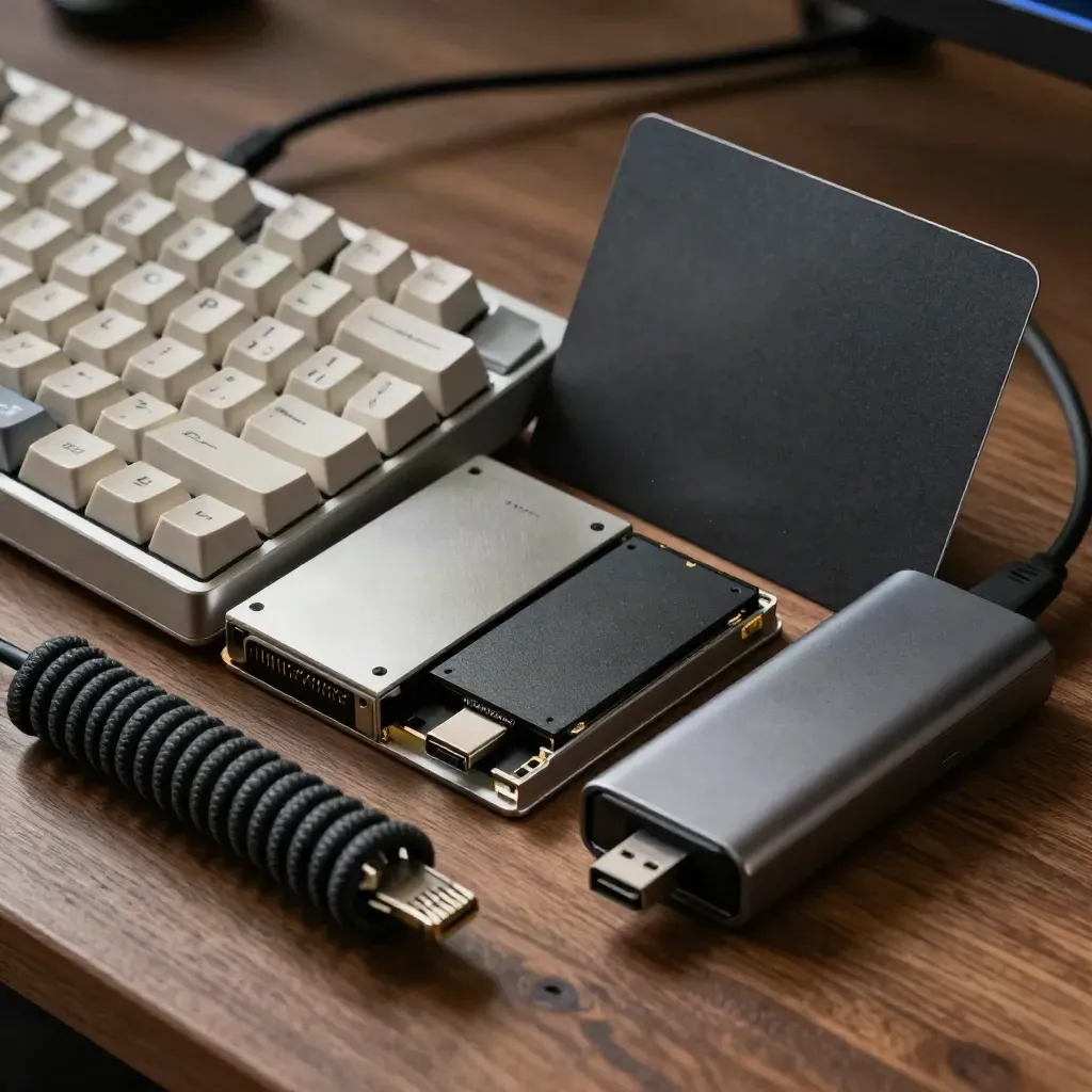 Makro von Tastaturtasten, Ethernetkabel, SSD und USB-Hub auf warmem Holz.