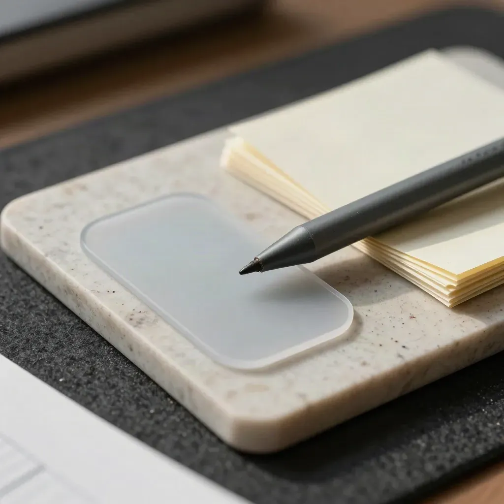 Makro von UX-Tools: Stylus, Glastouchpad, Schablone und Tabs auf Travertin.
