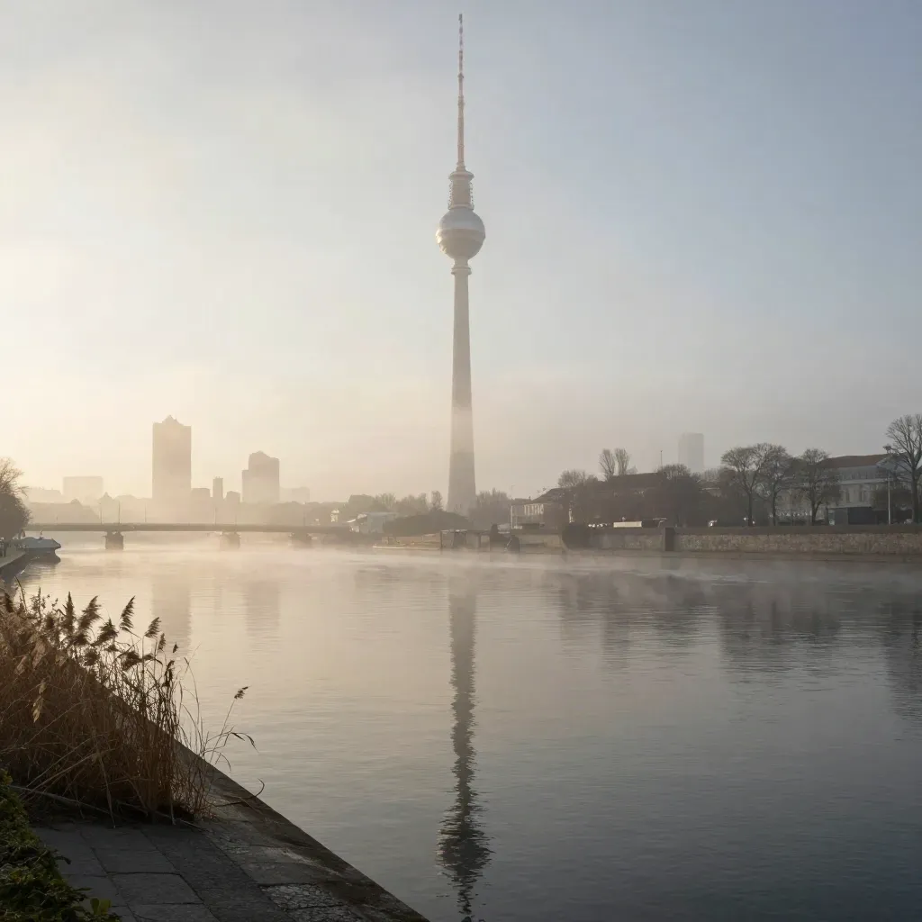 Berliner Skyline im Morgennebel an der Spree mit dem Fernsehturm hoch im Bild