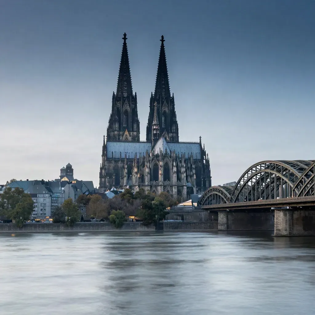 Kölner Dom über dem Rhein in Blaue Stunde, Brücken im Dunst, ruhige Wasserfläche